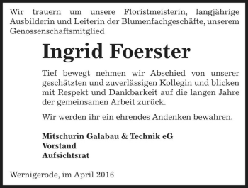 Traueranzeige von Ingrid Foerster  von Magdeburger Volksstimme
