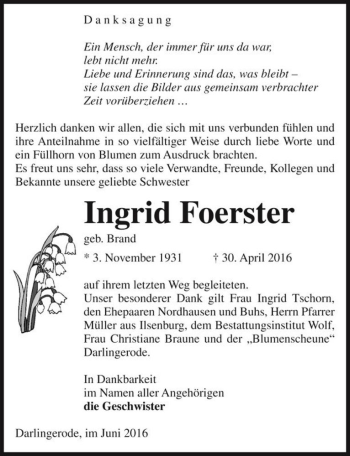 Traueranzeige von Ingrid Foerster (geb. Brand)  von Magdeburger Volksstimme