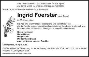 Traueranzeige von Ingrid Foerster (geb. Brand)  von Magdeburger Volksstimme