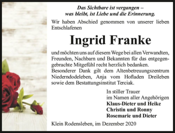 Traueranzeige von Ingrid Franke  von Magdeburger Volksstimme