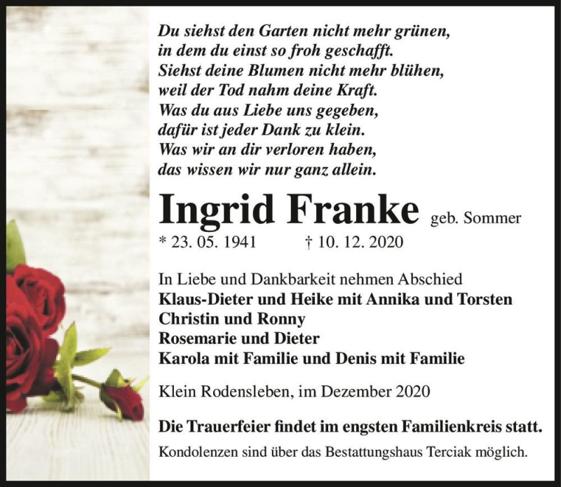 Traueranzeige für Ingrid Franke (geb. Sommer)  vom 12.12.2020 aus Magdeburger Volksstimme
