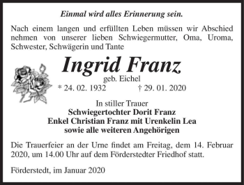 Traueranzeige von Ingrid Franz (geb. Eichel)  von Magdeburger Volksstimme