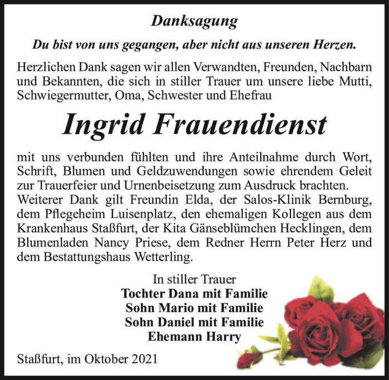  Traueranzeige für Ingrid Frauendienst  vom 06.11.2021 aus Magdeburger Volksstimme