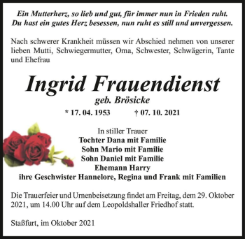Traueranzeige von Ingrid Frauendienst (geb. Brösicke)  von Magdeburger Volksstimme