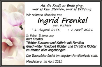 Traueranzeige von Ingrid Frenkel (geb. Richter)  von Magdeburger Volksstimme