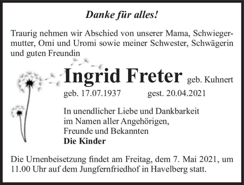  Traueranzeige für Ingrid Freter (geb. Kuhnert)  vom 30.04.2021 aus Magdeburger Volksstimme