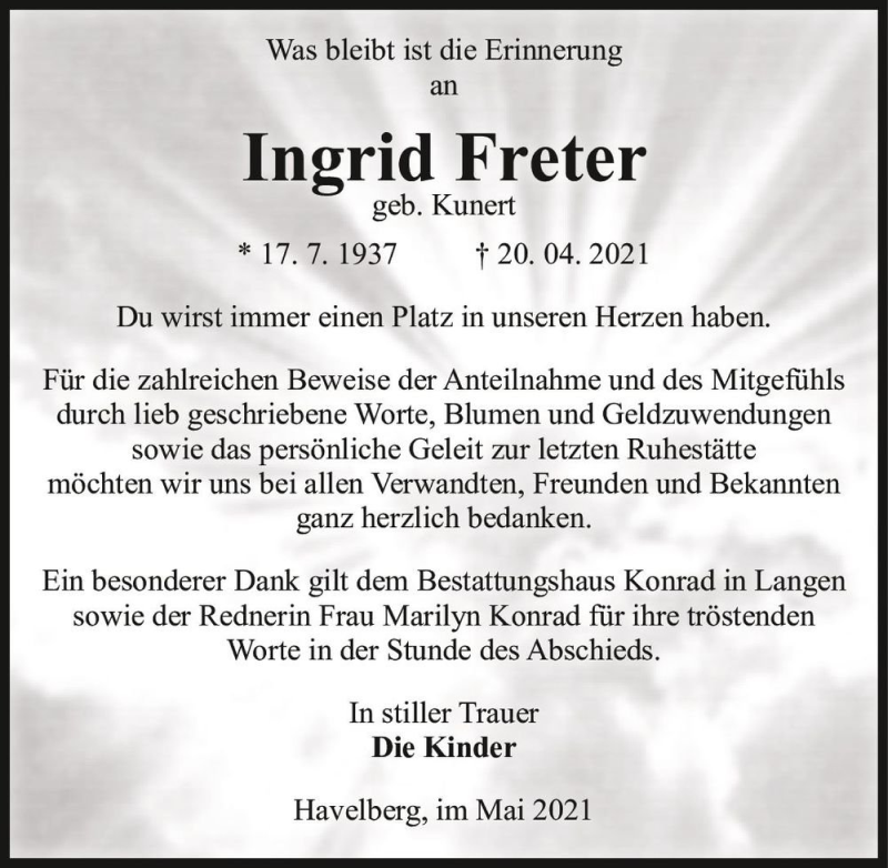  Traueranzeige für Ingrid Freter (geb. Kunert)  vom 21.05.2021 aus Magdeburger Volksstimme