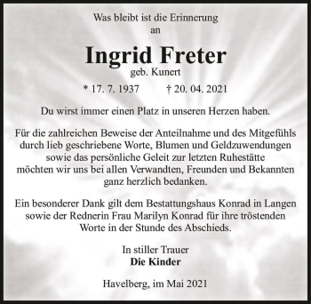 Traueranzeige von Ingrid Freter (geb. Kunert)  von Magdeburger Volksstimme