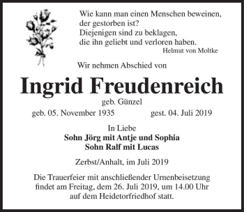 Traueranzeige von Ingrid Freudenreich (geb. Günzel)  von Magdeburger Volksstimme