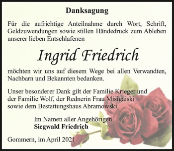 Traueranzeige von Ingrid Friedrich  von Magdeburger Volksstimme