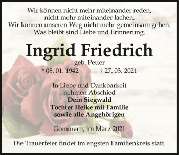 Traueranzeige von Ingrid Friedrich (geb. Petter)  von Magdeburger Volksstimme