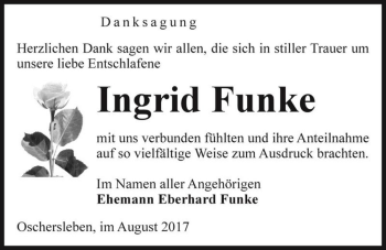 Traueranzeige von Ingrid Funke  von Magdeburger Volksstimme