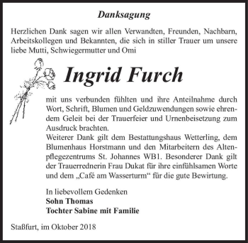 Traueranzeige von Ingrid Furch  von Magdeburger Volksstimme
