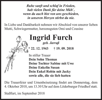 Traueranzeige von Ingrid Furch (geb. Jarraß)  von Magdeburger Volksstimme