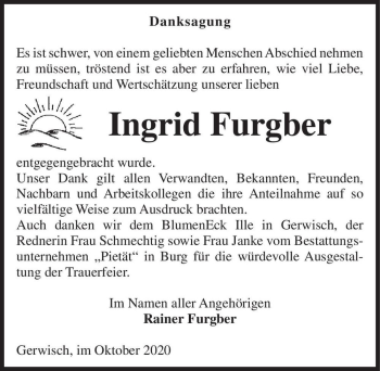 Traueranzeige von Ingrid Furgber  von Magdeburger Volksstimme