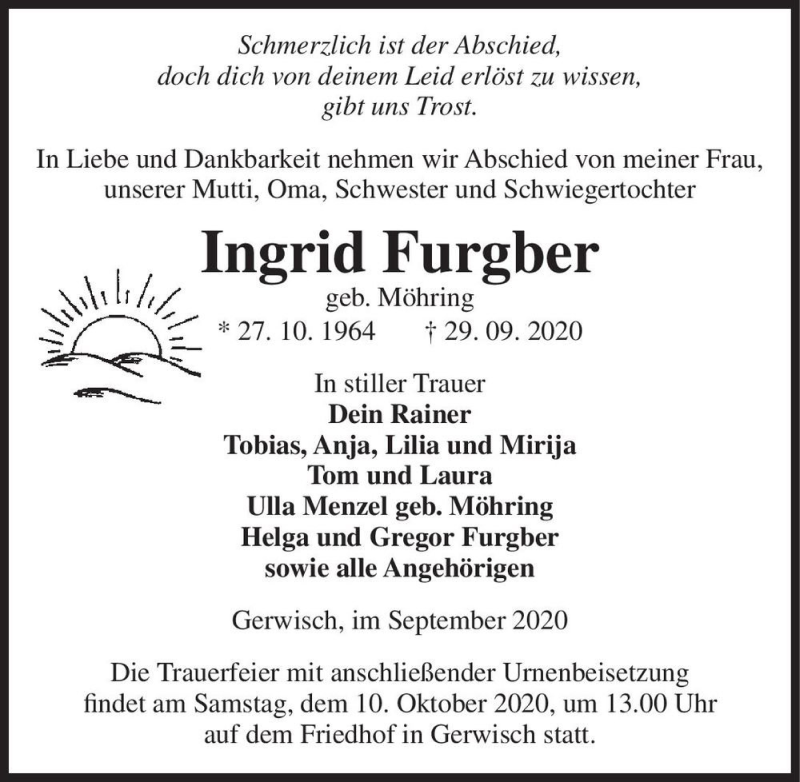  Traueranzeige für Ingrid Furgber (geb. Möhring)  vom 02.10.2020 aus Magdeburger Volksstimme