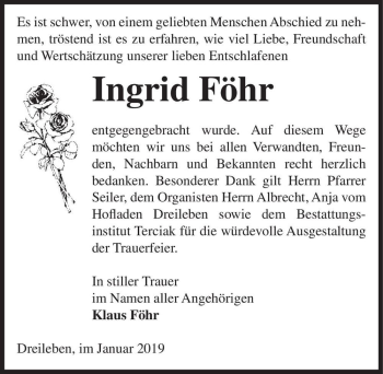 Traueranzeige von Ingrid Föhr  von Magdeburger Volksstimme