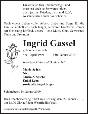Traueranzeige von Ingrid Gassel (geb. Raupach)  von Magdeburger Volksstimme
