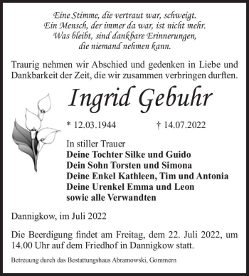 Traueranzeige von Ingrid Gebuhr  von Magdeburger Volksstimme