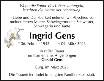 Traueranzeige von Ingrid Gens  von Magdeburger Volksstimme