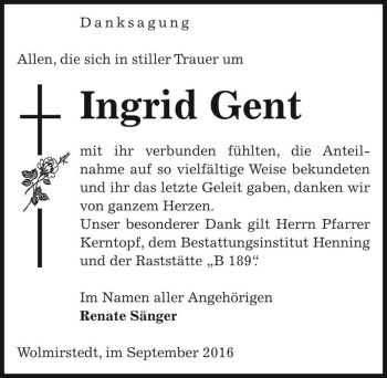 Traueranzeige von Ingrid Gent  von Magdeburger Volksstimme