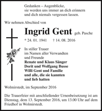 Traueranzeige von Ingrid Gent (geb. Pasche)  von Magdeburger Volksstimme