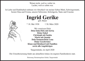 Traueranzeige von Ingrid Gerike (geb. Hauer)  von Magdeburger Volksstimme