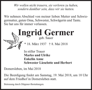Traueranzeige von Ingrid Germer (geb. Sauer)  von Magdeburger Volksstimme