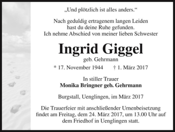 Traueranzeige von Ingrid Giggel (geb. Gehrmann)  von Magdeburger Volksstimme