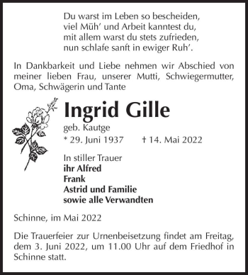 Traueranzeige von Ingrid Gille (geb. Kautge)  von Magdeburger Volksstimme