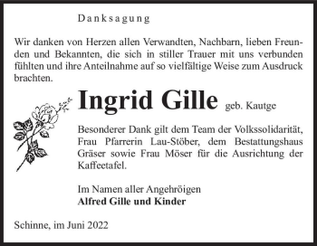 Traueranzeige von Ingrid Gille (geb. Kautge)  von Magdeburger Volksstimme