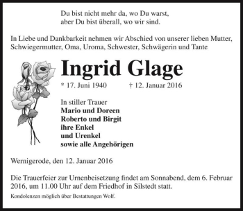 Traueranzeige von Ingrid Glage  von Magdeburger Volksstimme
