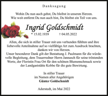 Traueranzeige von Ingrid Goldschmidt  von Magdeburger Volksstimme