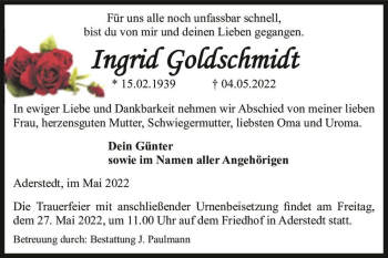 Traueranzeige von Ingrid Goldschmidt  von Magdeburger Volksstimme