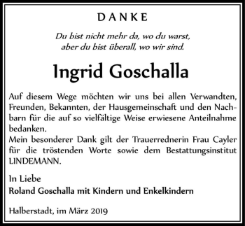 Traueranzeige von Ingrid Goschalla  von Magdeburger Volksstimme