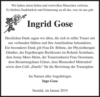 Traueranzeige von Ingrid Gose  von Magdeburger Volksstimme