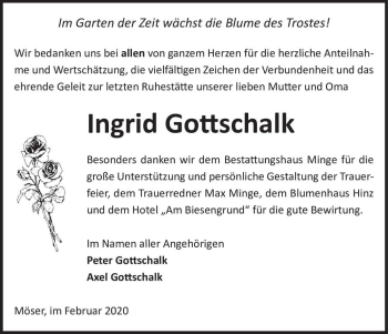 Traueranzeige von Ingrid Gottschalk  von Magdeburger Volksstimme