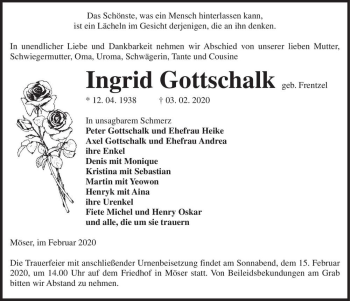 Traueranzeige von Ingrid Gottschalk (geb. Frentzel)  von Magdeburger Volksstimme