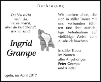 Traueranzeige von Ingrid Grampe  von Magdeburger Volksstimme