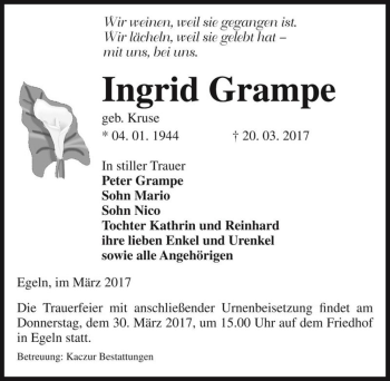 Traueranzeige von Ingrid Grampe (geb. Kruse)  von Magdeburger Volksstimme