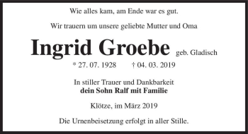 Traueranzeige von Ingrid Groebe (geb. Gladisch)  von Magdeburger Volksstimme