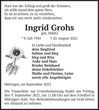 Traueranzeige von Ingrid Grohs (geb. Mälitz)  von Magdeburger Volksstimme