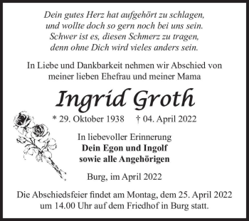 Traueranzeige von Ingrid Groth  von Magdeburger Volksstimme