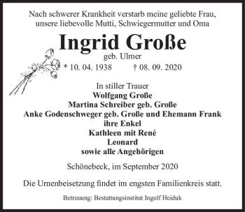 Traueranzeige von Ingrid Große (geb. Ulmer)  von Magdeburger Volksstimme