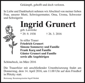 Traueranzeige von Ingrid Grunert (geb. Lawitzke)  von Magdeburger Volksstimme