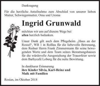 Traueranzeige von Ingrid Grunwald  von Magdeburger Volksstimme