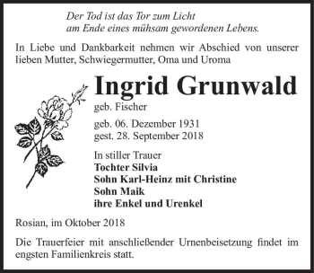 Traueranzeige von Ingrid Grunwald (geb. Fischer)  von Magdeburger Volksstimme