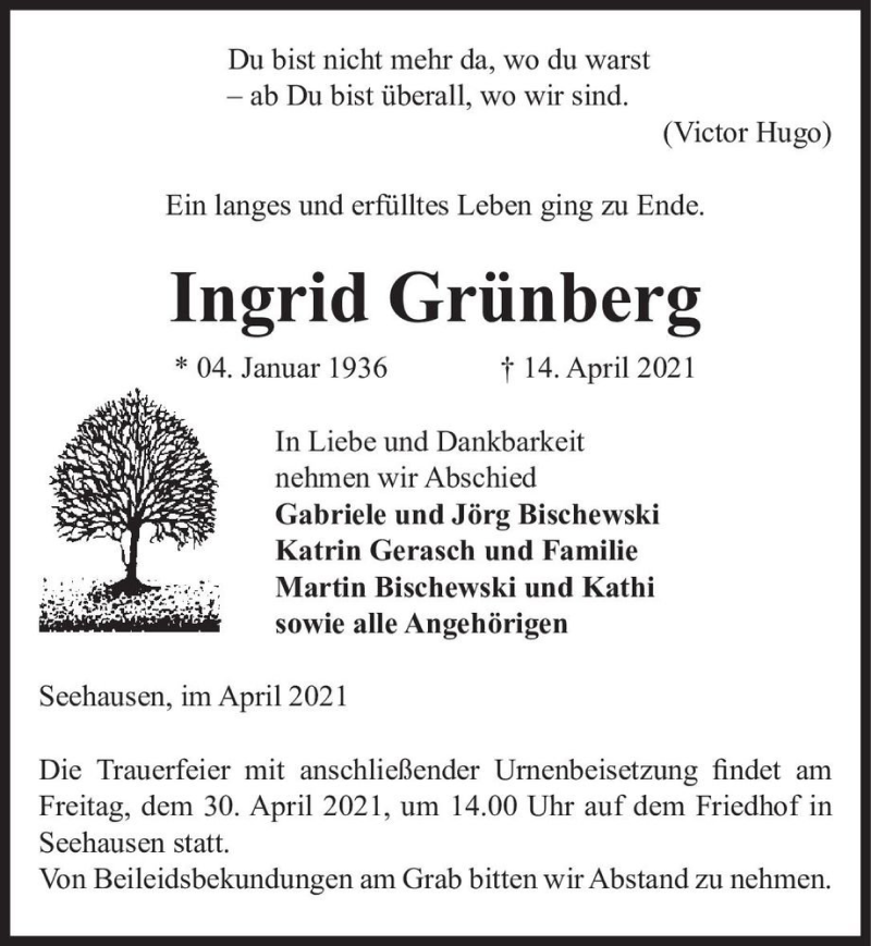  Traueranzeige für Ingrid Grünberg  vom 24.04.2021 aus Magdeburger Volksstimme