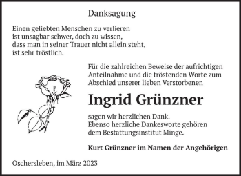Traueranzeige von Ingrid Grünzner  von Magdeburger Volksstimme