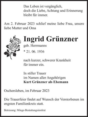 Traueranzeige von Ingrid Grünzner (geb. Herrmanns)  von Magdeburger Volksstimme